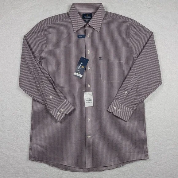 Stafford Shirt Mens 16.5 32/33 Red Stripe Fitted Travel Easy Care Broadcloth - Picture 2 of 10